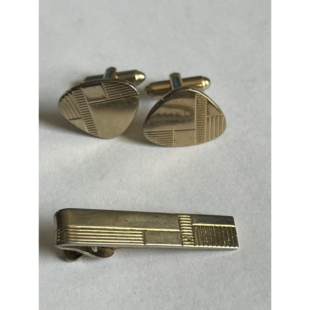 Vintage mid-century Shields cufflinks and matching tie clip set - gold tone